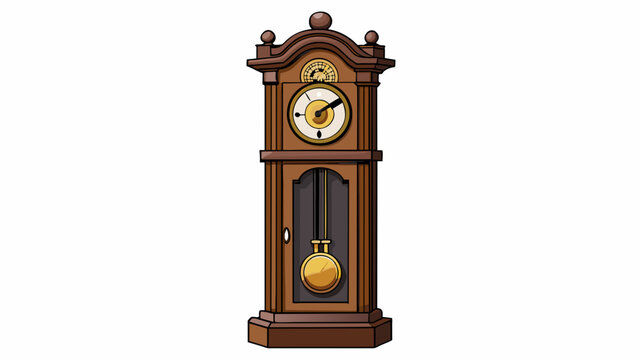 Version 4 A traditional grandfather clock made of dark wood with intricate carvings. It chimes on the hour and has a swinging pendulum.. Cartoon Vector