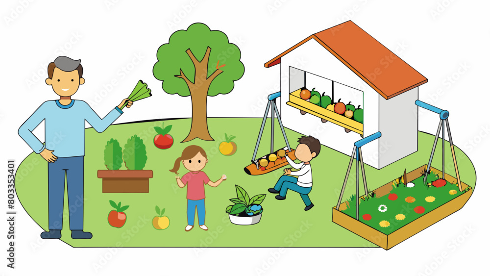 Poster A backyard with a swing set and a vegetable garden where a father and his kids are playing a game of tag. The garden is filled with different fruits. Cartoon Vector