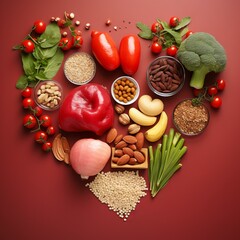 A variety of healthy food ingredients arranged in a heart shape on a red background.