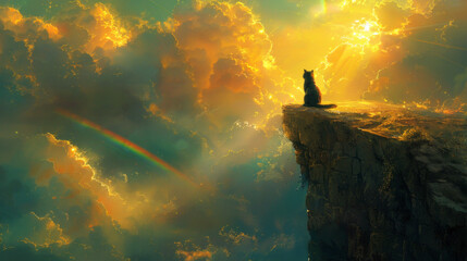Fototapeta premium Cat looking at rainbow - concept of pets passing away