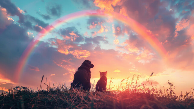 Cat and dog looking at rainbow - concept of pets passing away