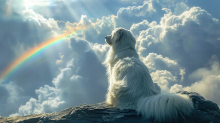 White dog looking at rainbow - concept of pets passing away
