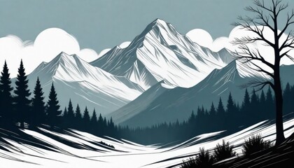 digital painting a drawing of mountains and trees  (9)