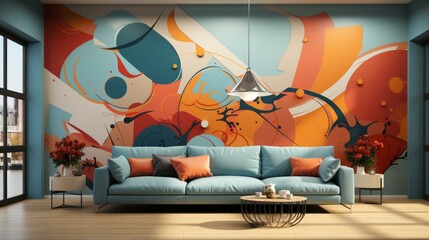 Blue couch in front of abstract painting