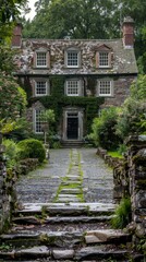 Obraz premium A stone house with a slate roof surrounded by trees and shrubs