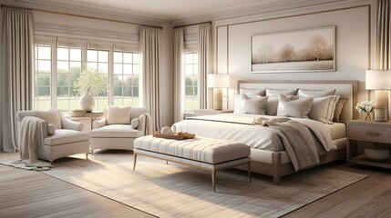 Elegant master bedroom with large windows and a sitting area