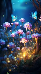 Mystical Garden with Glowing Flowers and Butterflies