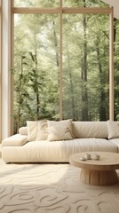 Modern living room interior with large windows and forest view