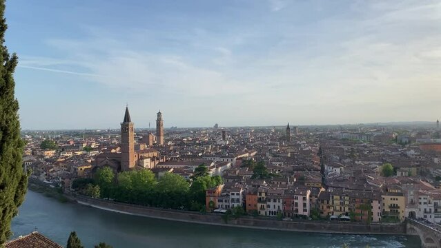 Horizontal video of Verona cityscape view with Adige river. Veneto, Italy. Panoramic view with details of the Italian city during sunset