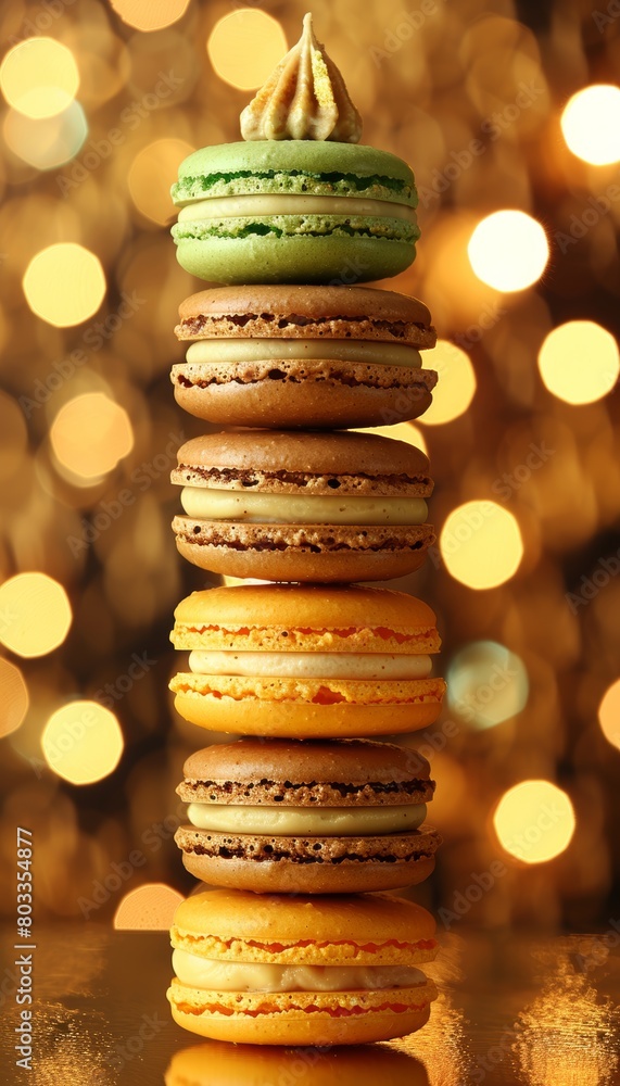 Poster colorful macaroons on eastern inspired blurred background with ample copy space for text placement