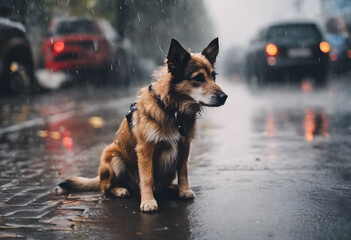A dog sitting on a wet street during a rainy day, with cars and city lights blurred in the...