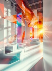 Sunlight shining through colorful glass blocks in an architectural space