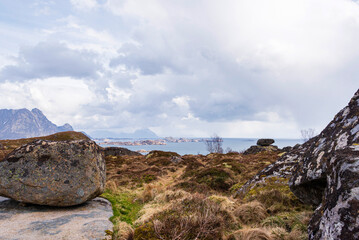 nature sceneries inside the area surroundings of Leknes, Lofoten Islands, Norway, during the spring season