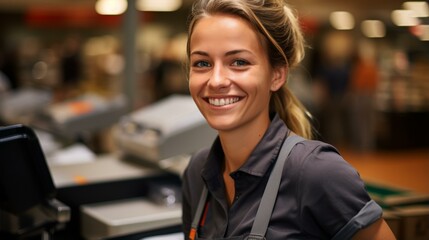Fototapeta premium Portrait of a smiling young woman working in a supermarket