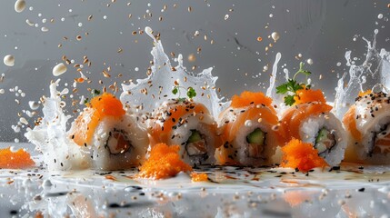 A variety of sushi rolls with orange roe and cucumber