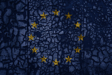 flag of european union on a grunge vintage metal rusty cracked wall background