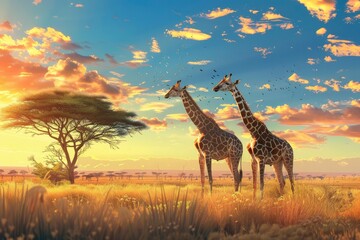 Giraffes stand against the backdrop of savannah nature, beautiful sunset lighting. Animals in the wild