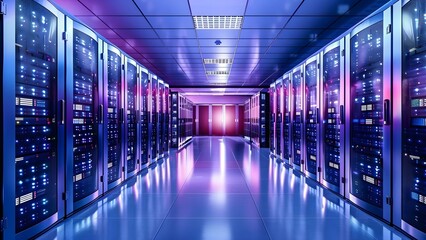 Visual Representation of Server Room with Rows of Servers: Perfect for Illustrating IT Concepts. Concept Server Room Visualization, Data Center Illustration, IT Infrastructure Design