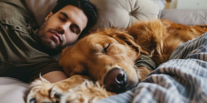 Man sleeping with golden retriever dog on bed