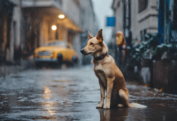 A dog sitting on a wet street during a rainy evening, with blurred city lights and a yellow car in...
