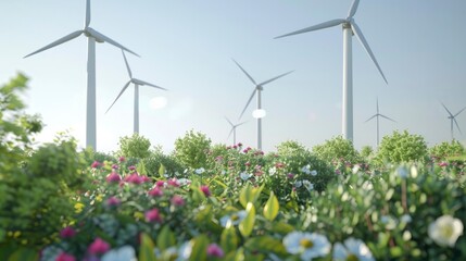 Windmills against the backdrop of beautiful landscape with flowering meadows. 3D model of a wind park. Eco-friendly Wind turbines for energy production, modern technologies