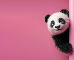 Adorable panda cub peeking playfully from the side on a vibrant pink background, full of charm and...