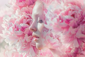 Creative layout, concept of female beauty, spring awakening, cosmetology, Double exposure of a woman's head and delicate pink peony flowers