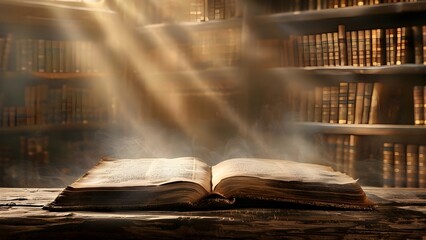 Ancient spellbook in dusty library filled with arcane incantations of bygone era. Concept Magic and Spells, Ancient Knowledge, Dusty Library, Mysterious Dark Arts