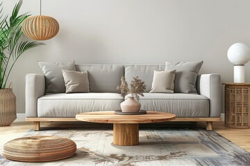 Beige living room interior with sofa and armchairs, coffee table with books and decoration, carpet on hardwood floor, dining table with chairs, mock up posters. Mockup copy space wall, 3D rendering