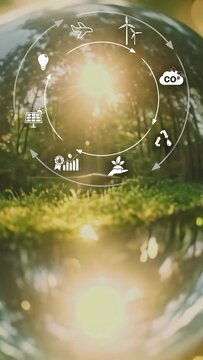 Circular economy concept for future business growth and environmental sustainability and reduce pollution for future business and environmental growth.Crystal gloge with digital icons no logo . Corpor