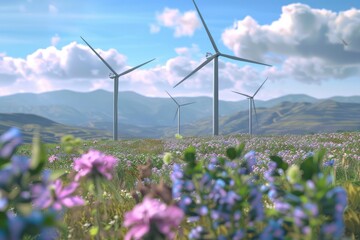 Windmills against the backdrop of beautiful landscape with flowering meadows. 3D model of a wind park. Eco-friendly Wind turbines for energy production, modern technologies
