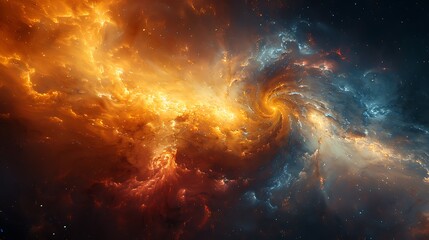 Obraz premium Illustrate a celestial collision with two galaxies intertwining, depicted through a surreal blend of colors and forms that suggest motion and chaos.