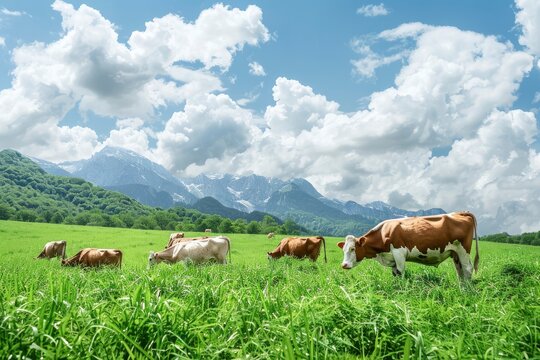 Beautiful cows graze on alpine green meadows against the backdrop of a landscape with mountains. Domestic cattle, organic milk for making cheeses and chocolate
