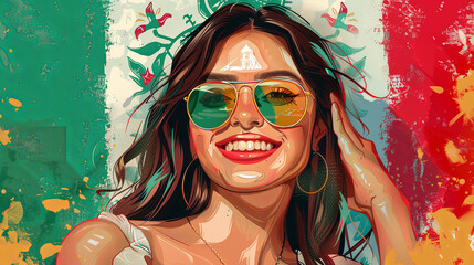 Smiling beautiful young latin woman in sunglasses with big Mexico flag on the background