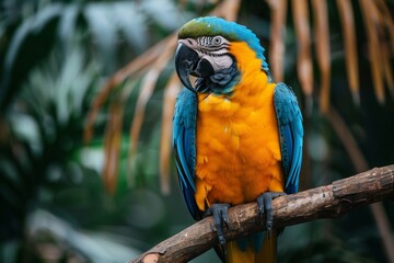 Obraz premium A vivid blue and yellow macaw perches gracefully on a branch, its striking colors standing out against a lush green background
