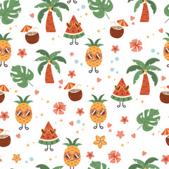 Pattern with summer accessories. Seamless pattern with pool rubber ring, ice cream, sunglasses, panama, flip flops, tropical leaves. Fun rubber rings in the form of unicorn