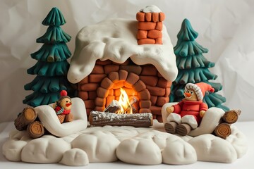 Cozy winter scene in clay sculpture style, features a snow-covered the brick fireplace with chimney, and warm fire, trees on background, and two characters in winter attire enjoying the warmth.