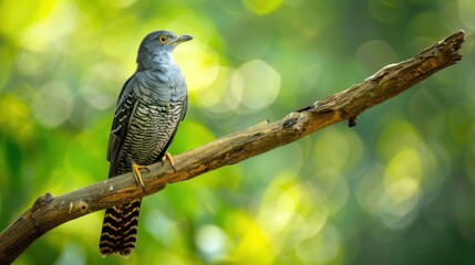 Eurasian or common Cuckoo (Cuculus canorus) nicely perching on wooden branch over fine blur green background