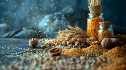 composition of wheat ears, walnuts, grains, cereals, on a dark table, front view