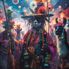 Fototapeta premium Energetic Samurai Fighter Engaged in Action at Psychedelic Party, Surrounded by Suede and Dandelion Ornaments, Chocolate Llamas Symbolizing Investigation into Alien DNA