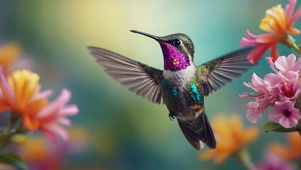 A hummingbird is flying in front of a blurred background of flowers.

