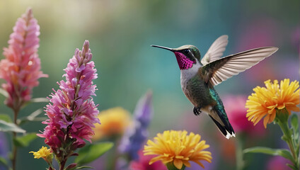 A hummingbird is flying in front of a blurred background of flowers.

