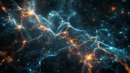 Illustrate the Dark Matter Web as an ethereal structure of delicate fibers weaving through the cosmos, linking galaxies with ghostly strands that glow against the deep space darkness.