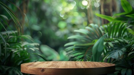 empty top table old wood podium texture in tropical forest greenery plant blurred background with copy space.