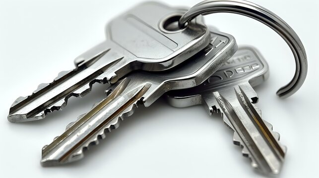 Metal keys and house keychain in sharp focus