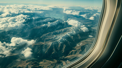 Aerial view of snow-capped mountains and clouds seen from an airplane window. - Powered by Adobe