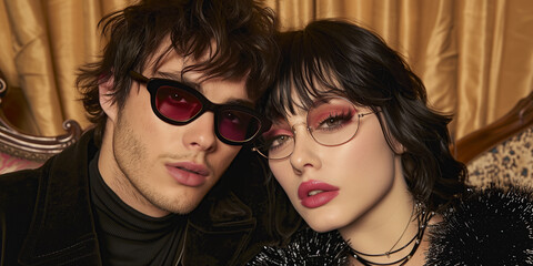 Eyewear concept. Close up portrait of gorgeous fashion couple in black clothes wearing trendy glasses and posing in night club together. Banner style. Studio shot