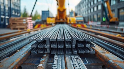 Vibrant Image of Rebar Transportation to Construction Site via Truck or Crane in Realistic High-Definition Quality