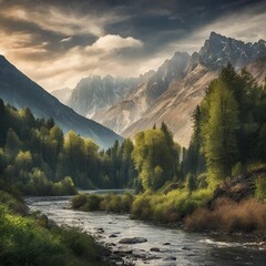 Captivating Snowy Peaks and Flowing Rivers A Breathtaking Scene