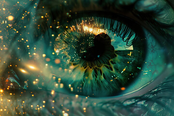 All seeing eye concept. Close up view of human green eye with sparkling fireworks in reflection....